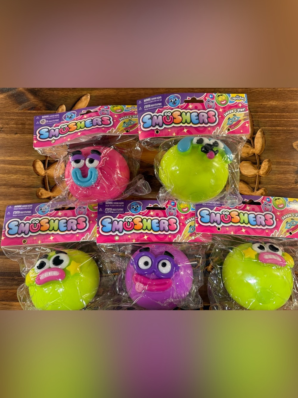 Smushers Squishy Plush Faces - Pink, Lime Green, Purple